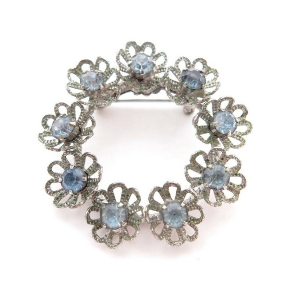 SILVER FILIGREE BLUE RHINESTONE PIN